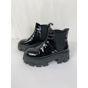 Prada Womens Monolith Chunky Platform Chelsea Ankle Boots Black Patent Size 37